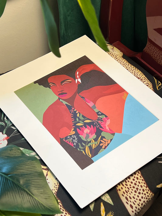 Grounded-Colorful Digital Art Print of Black Woman with a Floral Patterned Shirt