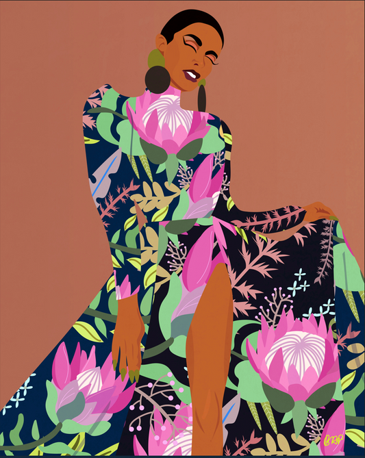 Grace-Colorful Digital Art Print of Black Woman with a Floral Patterned Dress