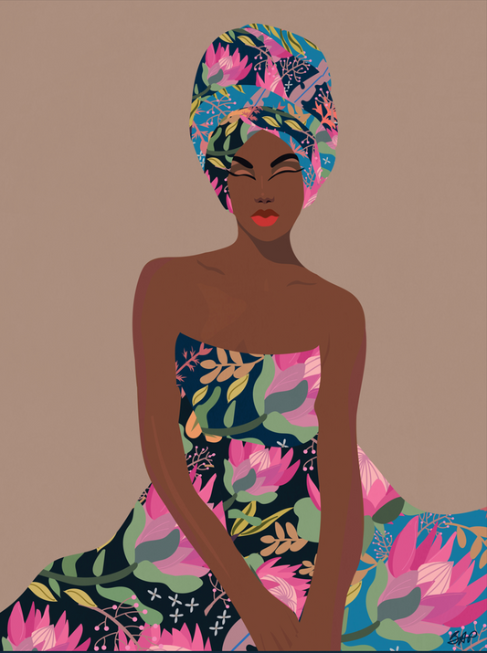 Patience-Colorful Digital Art Print of Black Woman with a Floral Patterned Dress